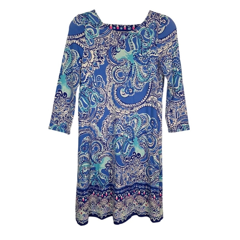 Lilly Pulitzer‎ S Ophelia 3/4 Sleeve Dress Blue Octopus Paisley Strappy Back